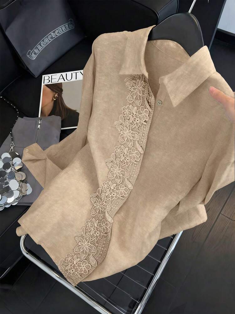 Camisa casual de manga longa, gola redonda, de ajuste folgado, em tecido de renda trançada na cor pêssego, para o outono-inverno, para mulheres - Damasco - Visão 1