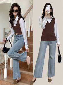 Elyressa 女士条纹拼接衬衫领二合一长袖休闲上衣 - 棕色 - 查看 8