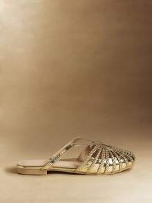 Rosivie Sandalias planas romanas tejidas a mano para mujer, con cierre deslizante y punta cerrada, adecuadas para fiestas, eventos, festivales, discotecas, zapatos planos sexy para otoño - Dorado - Ver 5