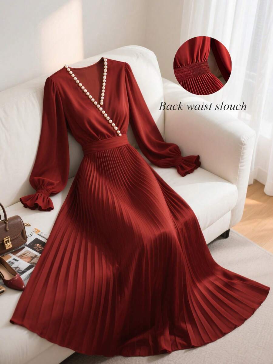 Franclia Robe mi-longue élégante pour femmes avec col en V, manches bouffantes, taille froncée et ourlet évasé. Convient pour les fêtes et événements, automne/hiver - Rouge - Voir 1