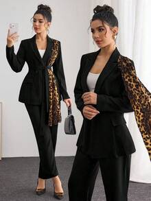 Modelyn 女士豹纹拼接设计优雅修身黑色西装外套 - 黑色 - 查看 1