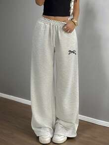 Teen Girls Casual Loose Fit Bow Print Low Waist Drawstring Waistband Wide Leg Sweatpants, Suitable For Spring, Summer, Autumn And Winter Fall Grey Wide Leg Pants Grey Baggy Sweats Baggy Grey Trousers Girls Gray Sweatpants