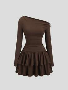 Sweetra 休闲简约街头风不对称金属扣装饰褶皱长袖修身棕色中长连衣裙，适合春秋季穿着。 - 棕色 - 查看 3