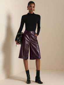 SHEIN Veneréa Women's Wide Leg Straight PU Leather Loose Bermuda Shorts