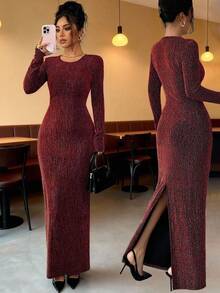 Elenzga Women's Rhinestone Embellished Shiny Slim Fit Dress - Red and Black - View 3