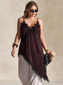 Elegantrix 大码女士优雅休闲衬衫，蕾丝拼接，褶裥设计，不对称下摆，春夏款 - 咖啡棕 - 查看 1