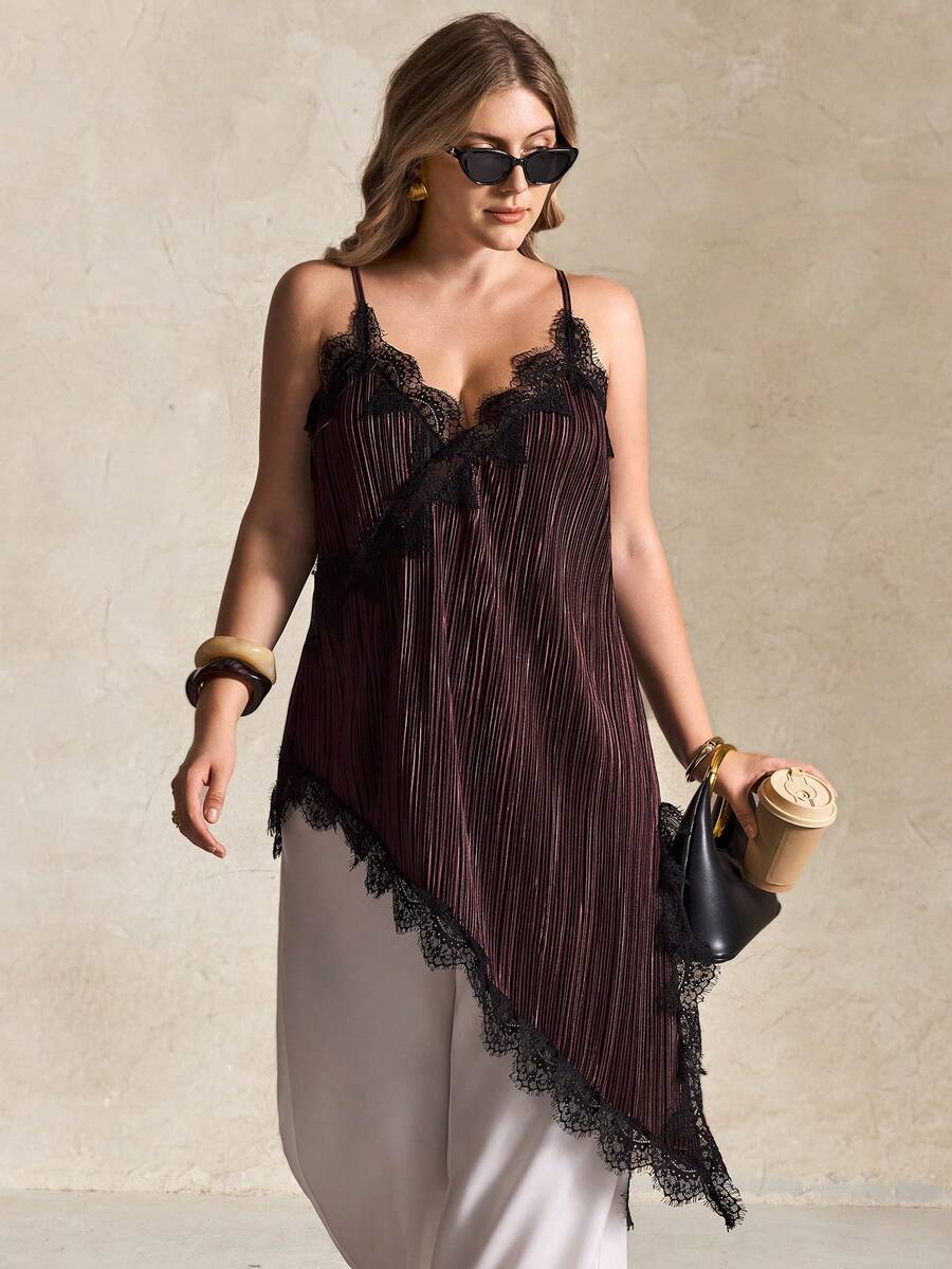 Elegantrix 大码女士优雅休闲衬衫，蕾丝拼接，褶裥设计，不对称下摆，春夏款 - 咖啡棕 - 查看 1