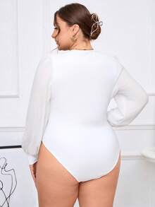 SHEIN Tall CURVE 加对比网眼灯笼袖优雅黑色紧身衣，冬季 - 白色 - 查看 2
