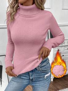 EMERY ROSE Women's Solid Color Turtleneck Long Sleeve Casual Fleece Sweater, Autumn/Winter - Dusty Pink - View 1
