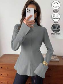 Elyressa 一位女士织造的休闲优雅秋季衬衫 - 灰色 - 查看 8