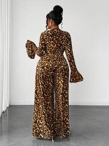 Maweii Bộ đồ liền thân gợi cảm tay loe cổ chữ V sâu họa tiết da báo cỡ lớn dành cho nữ - màu nâu - Xem 6