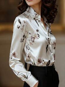 Balvessa 女士优雅缎面印花单排扣时尚衬衫 - 彩色 - 查看 4