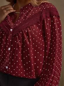 Elegantrix Women's Polka Dot Lace Decor Casual/Work Shirt, Autumn/Winter - Red and White - View 4