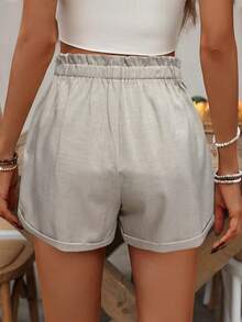 SHEIN LUNE Women's High Waist Tie Cuffed Casual Shorts, Light Khaki, Spring/Summer - Khaki - View 2