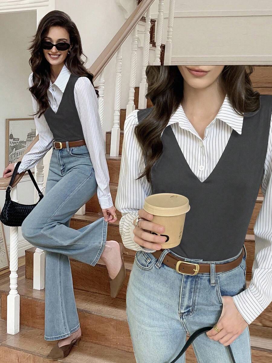 Elyressa Women's Striped Patchwork Shirt Collar 2 In 1 Long Sleeve Casual Top - Dark Grey - View 1