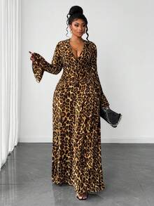 Maweii Bộ đồ liền thân gợi cảm tay loe cổ chữ V sâu họa tiết da báo cỡ lớn dành cho nữ - màu nâu - Xem 4