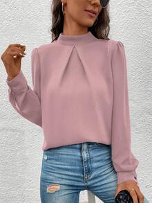 SHEIN LUNE 女士纯色立领泡泡袖时尚衬衫 - 粉色 - 查看 5
