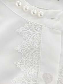 Franclia 女士休闲通勤圆领长袖珍珠装饰衬衫，优雅百搭，适合秋冬工作 - 白色 - 查看 2