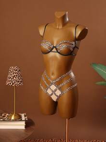 SHEIN 2pcs Women's Sexy Leopard Print Hollow Out Lingerie Set - Multicolor - View 4