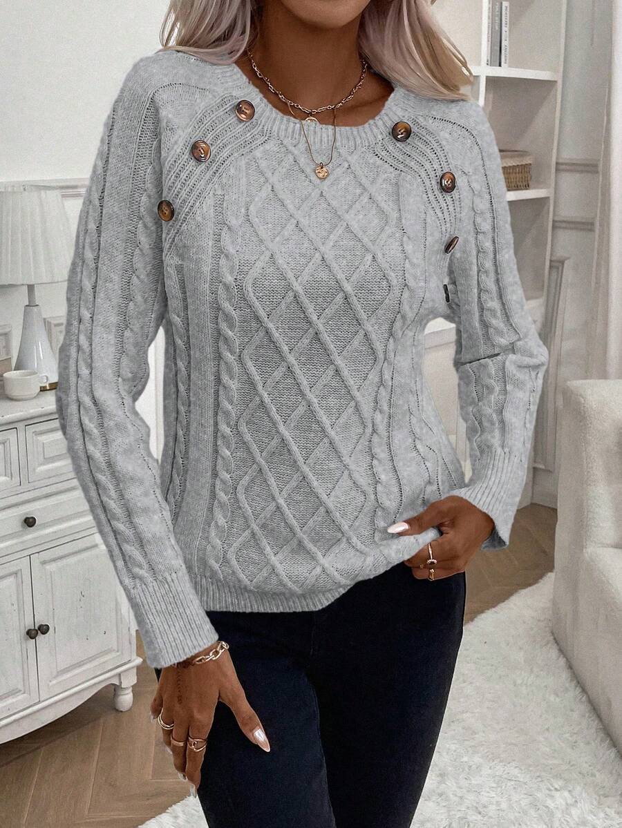 EMERY ROSE 女士纯色圆领插肩袖纽扣设计休闲毛衣，秋冬款 - 淺灰色 - 查看 1