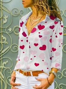 EMERY ROSE Áo sơ mi nữ cỡ lớn tay dài in hình trái tim, chất liệu polyester, kiểu dáng thường ngày, cài cúc phía trước và xẻ tay, dáng suông phù hợp cho mọi mùa. - Nhiều màu - Xem 3