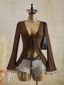 Swim Vcay 女士波浪条纹V领波西米亚风性感拉丁美洲度假和服罩衫，露背休闲度假罩衫，适合圣诞节、情人节、新年、派对、海滩、音乐节、热带假日等场合。棕色长袖上衣，棕色开衫，西部牛仔女装，棕色西装外套，女士牛仔装。 - 棕色 - 查看 5