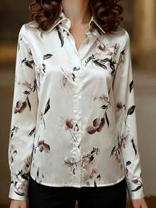 Balvessa 女士优雅缎面印花单排扣时尚衬衫 - 彩色 - 查看 3