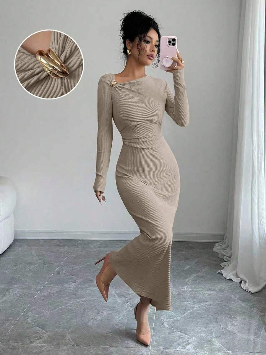 Elenzga Đầm nữ mới cổ chéo tay dài có gân, trang trí nút thắt eo, thiết kế nhún bèo, thường ngày đa năng, thanh lịch, mùa thu/đông - Màu Khaki - Xem 1