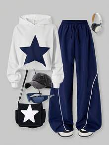 Sparklyn 2pcs/Set Teen GirlCasual Loose Star & Flower Print Cropped Hoodie T-Shirt And Sports Pants Outfit - Navy Blue - View 1