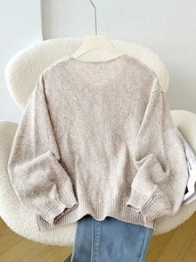 Travachic KIDS Travachic KIDS 青少年女孩休闲时尚百搭针织蝴蝶结灯笼袖开衫，适合周末、休闲外出、返校、万圣节 - 卡其色 - 查看 2