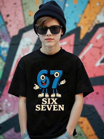 Tween Boys Casual Snygg Rolig "67" Grafiskt Tryck Kortärmad Rund Halsad T-shirt, Lämplig För Utflykter, Svart Kortärmad Topp "Six Seven", Lämplig För Sommar Och Alla Säsonger