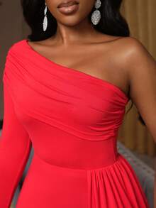 SHEIN Ladiora Đầm midi xòe một bên vai thanh lịch dành cho nữ dự tiệc - Màu Đỏ Sâu - Xem 4
