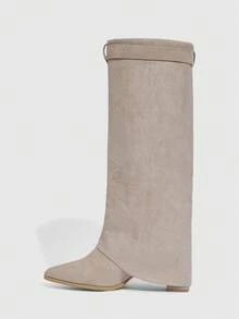 Daringsoles Women's Fashion Pointed Toe Chunky High Heel Knee-High Boots For Christmas - Apricot - View 10
