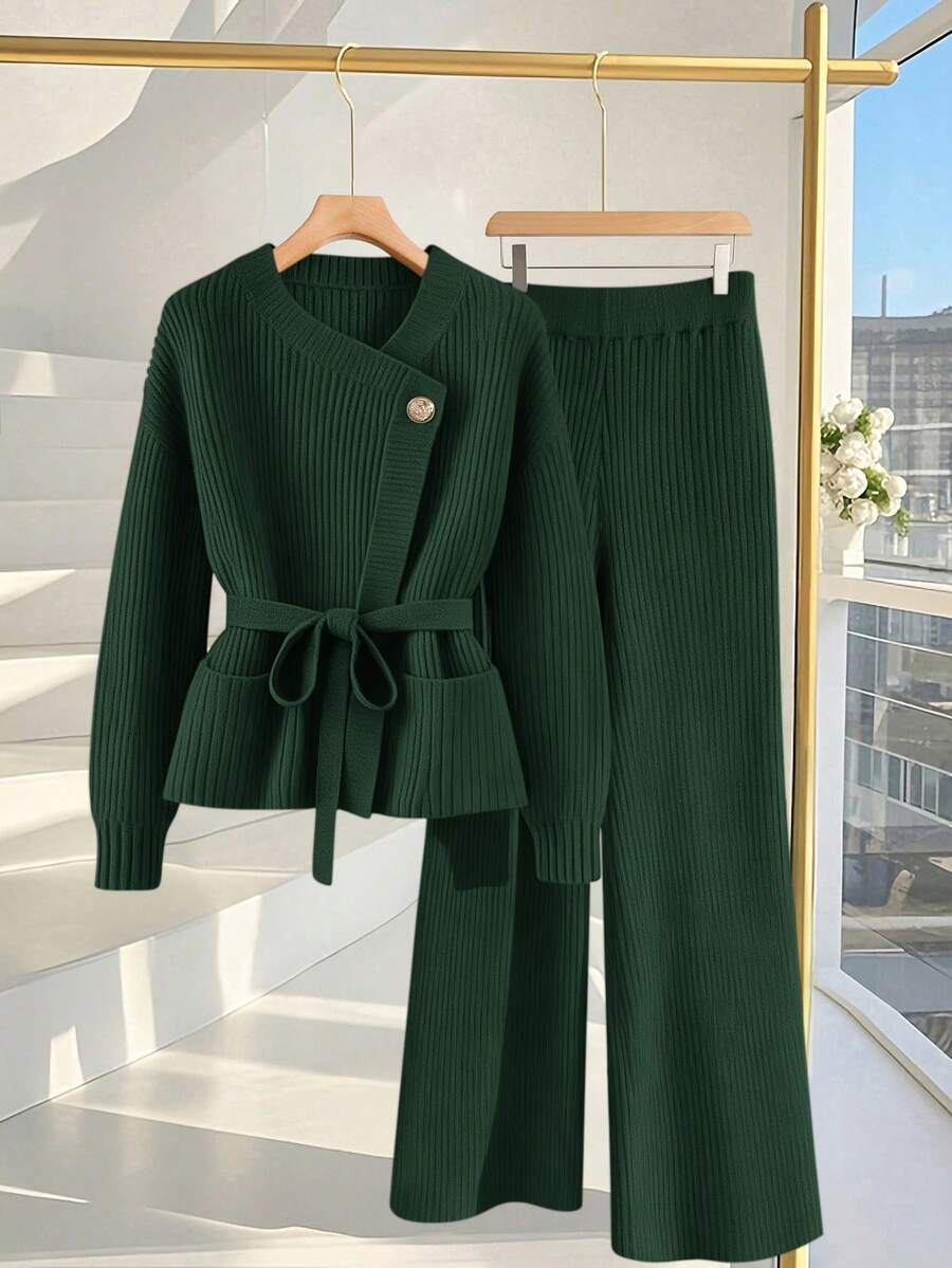 GlowEve 新款优雅套头衫，金色纽扣设计，欧美时尚百搭简约针织上衣和针织裤套装 - 墨綠色 - 查看 1