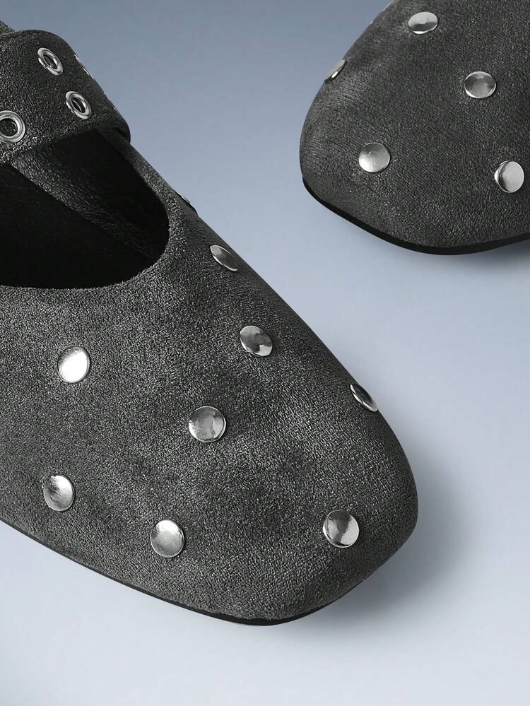 CUCCOO GRLICON Women's Solid Color Rivet Design Button Adjustable Flat Shoes, Motorcycle Style For Cool Girls, Suitable For Spring/Summer, Vacation, Travel, 2000s Style