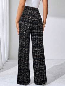 SHEIN Tall CURVE Quần dệt kim co giãn họa tiết kẻ caro thanh lịch dành cho nữ cỡ lớn mùa hè, phù hợp cho nhiều dịp khác nhau, thích hợp cho kỳ nghỉ hè, du lịch thanh lịch và đi làm hàng ngày - màu đen - Xem 2