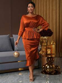 SHEIN Ladiora Satin Shiny Texture Party Crop Top And Bodycon Mini Skirt Set, Elegant And Feminine - Brown - View 4