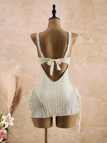 Bellisia Áo tắm liền thân màu trắng ngà viền ren dành cho nữ, kiểu dáng mới theo phong cách Châu Âu và Mỹ, hở lưng, cổ yếm, gợi cảm. - Màu be - Xem 2