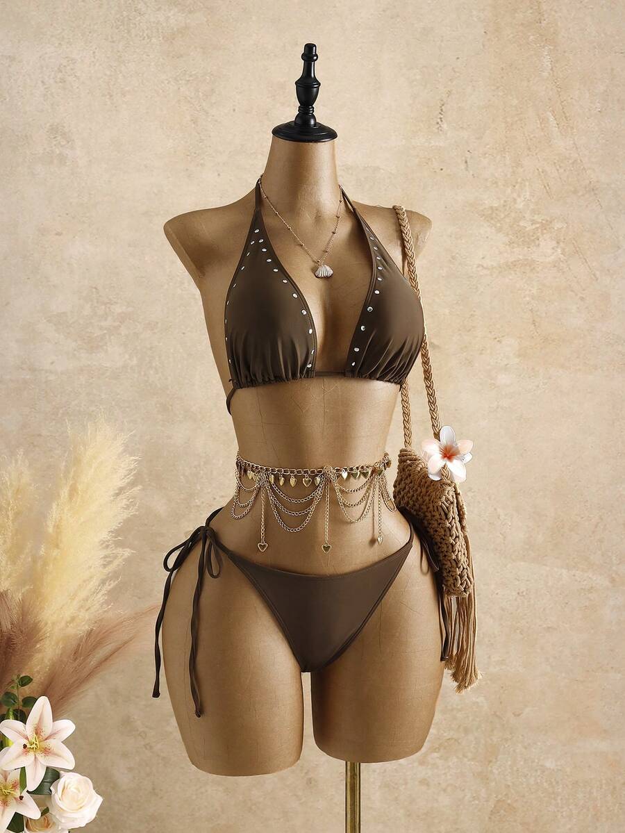 Bellisia Bộ bikini cổ chữ V đính đinh tán màu nâu dành cho nữ - Cà phê nâu - Xem 1