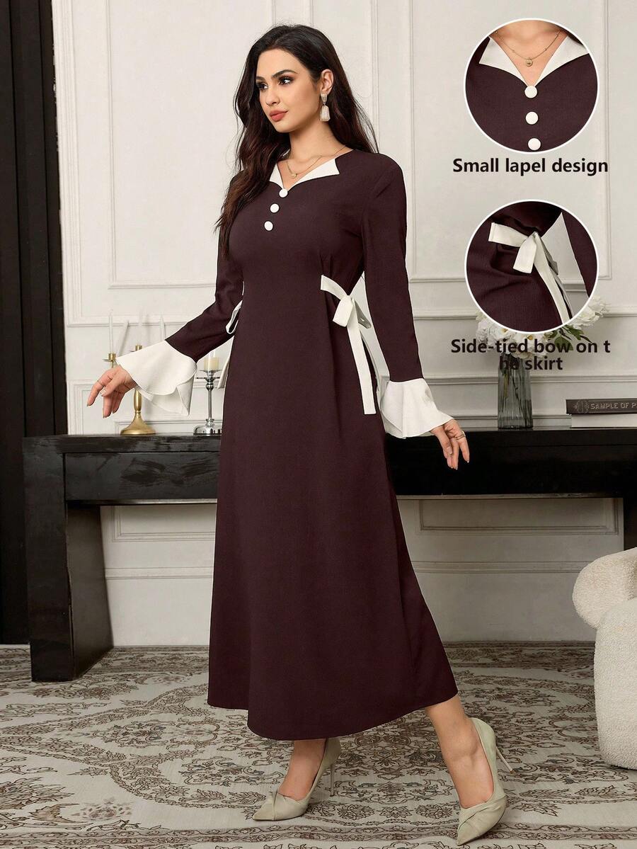 Modelyn Vestido Árabe de Manga Longa Elegante com Botões Coloridos em Contraste, Vestidos Árabes Elegantes Longos Estilo A Line, Para Festa à Noite/Convidado de Casamento/Vestidos Longos de Festa de Aniversário - Marrom - Visão 1