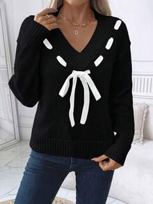 EMERY ROSE Women's V-Neck Front Tie Long Sleeve Casual Sweater, Autumn/Winter - Black - View 5
