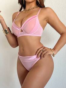 SHEIN Women's Solid Color Spaghetti Strap Hollow Out Bust Design Sweet Lingerie And Panty Set - Pink - View 9