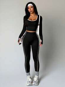 Easithlete Women's Contrast Trim U-Neck Long Sleeve Fitted Casual Fitness Seamless Sportswear Set - Black - View 3