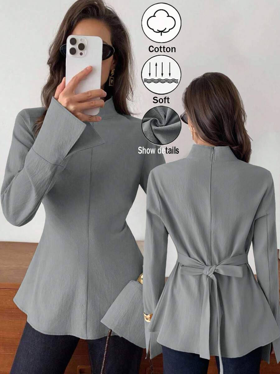 Elyressa 一位女士织造的休闲优雅秋季衬衫 - 灰色 - 查看 1