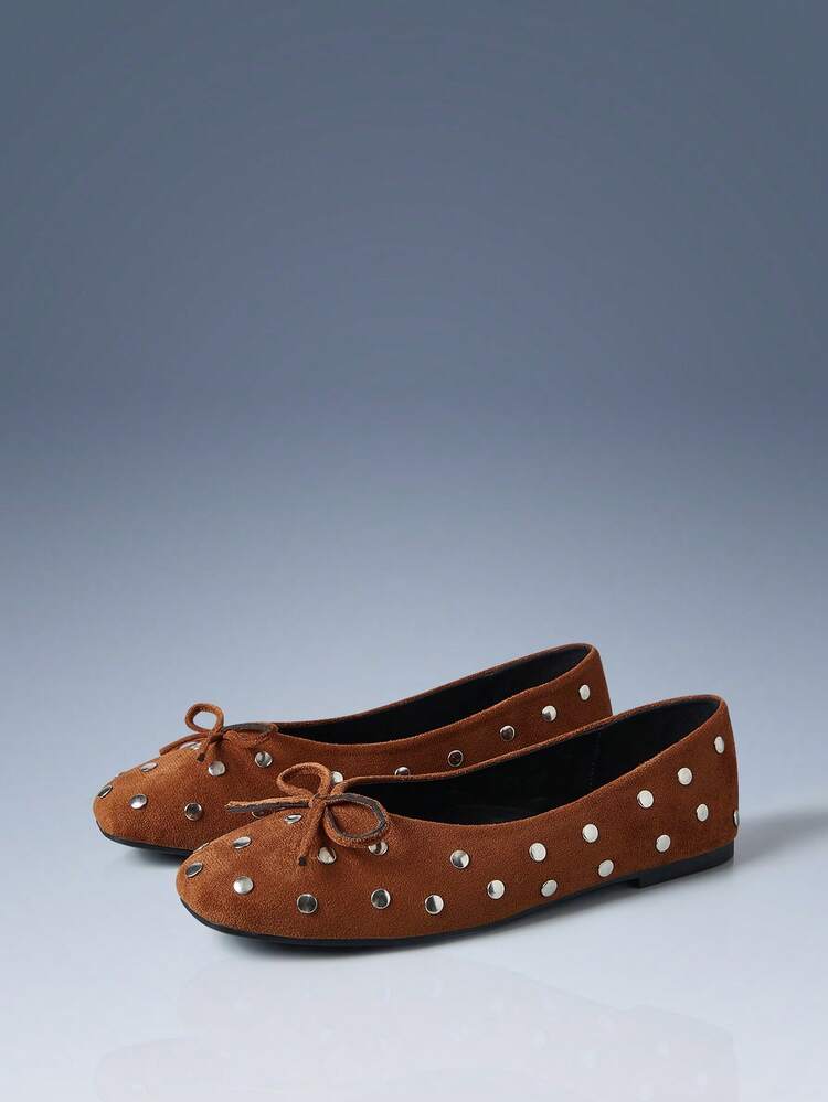 CUCCOO GRLICON Women's Solid Color Rivet Design Bow Flat Shoes For Christmas