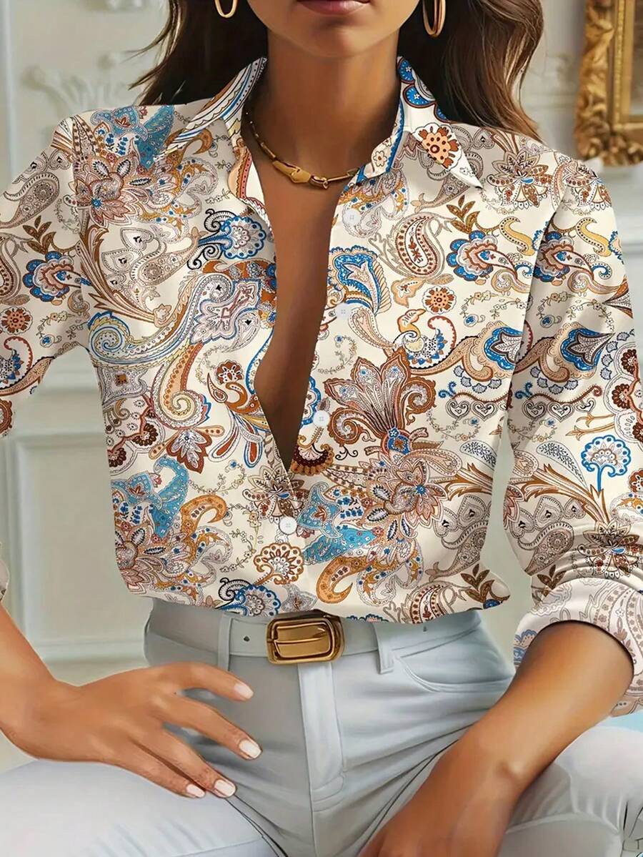 EMERY ROSE 女士加大码复古几何印花纽扣衬衫 - 休闲长袖翻领上衣，可机洗无弹面料，适合日常穿着和度假，四季皆宜，优雅装饰细节，耐穿休闲服饰 - 彩色 - 查看 1