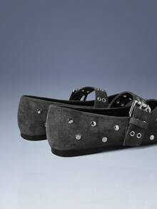 CUCCOO GRLICON Women's Solid Color Rivet Design Button Adjustable Flat Shoes - Dark Grey - View 4