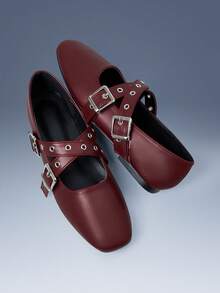 CUCCOO GRLICON Women's Buckle Design Casual Versatile Flat Loafers For Christmas - Burgundy - View 2