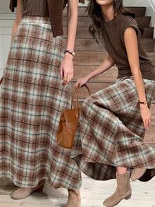 Elyressa Plaid Wool A-Line Waist Flared Casual Skirt For Women - Khaki - View 4
