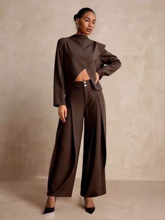 SHEIN Veneréa Asymmetrisk poncho med långärmad topp med metallspänne och plisserade byxor med vida ben, 2-delat set för kvinnor